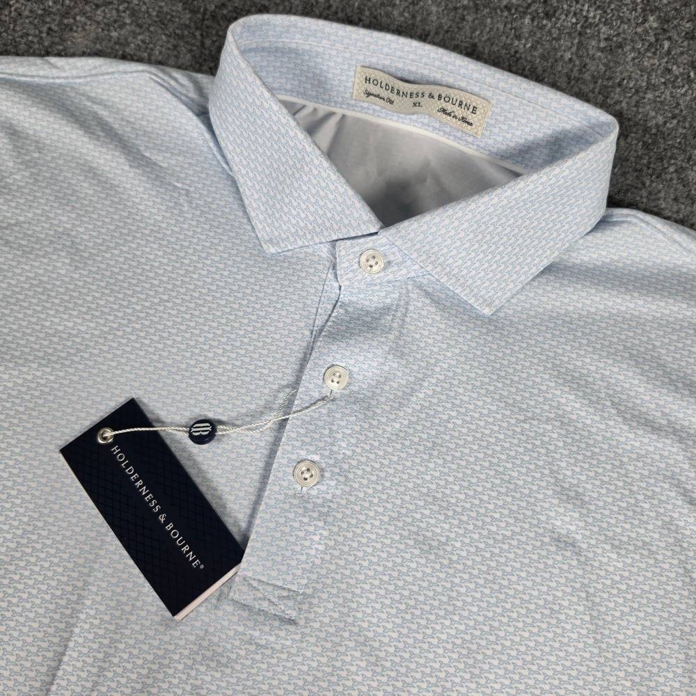 Holderness & Bourne Hanover Polo Shirt Mens XL Vista Blue Micro Print Logo NWT